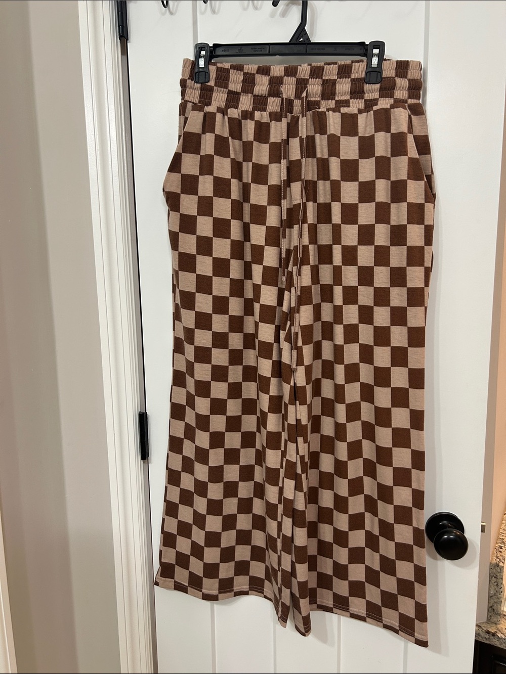 Women’s Wide Leg Brown Checkered Knit Lounge Pants